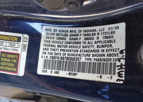 2009 Honda Civic Lx from USA, damaged, VIN 19XFA16579E008357